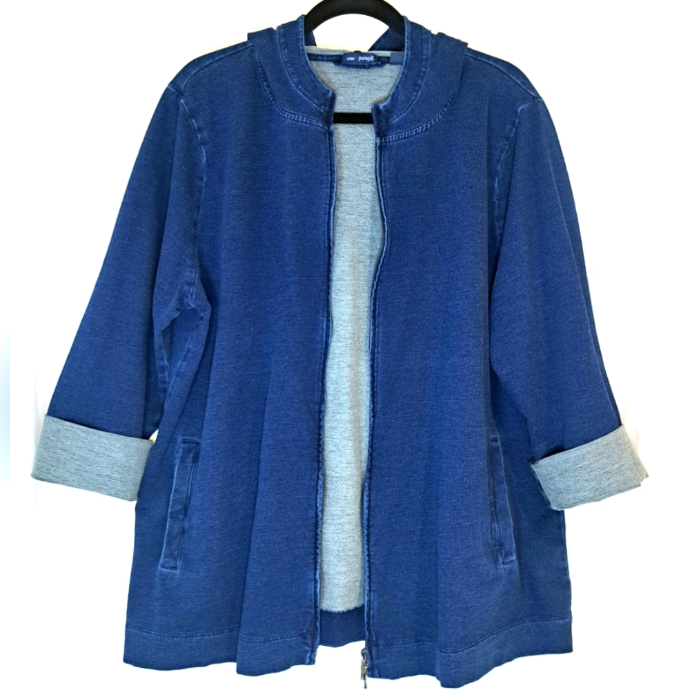 Pure Jill Indigo hooded zip-front cotton stretch denim jacket